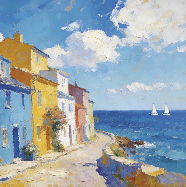 Heavy Texture Artwork, Seaside Town Serene Moment, Small Oil Paintings, Buy Painting Online, Original Landscape Paintings, Hand Painted Canvas Art-Silvia Home Craft