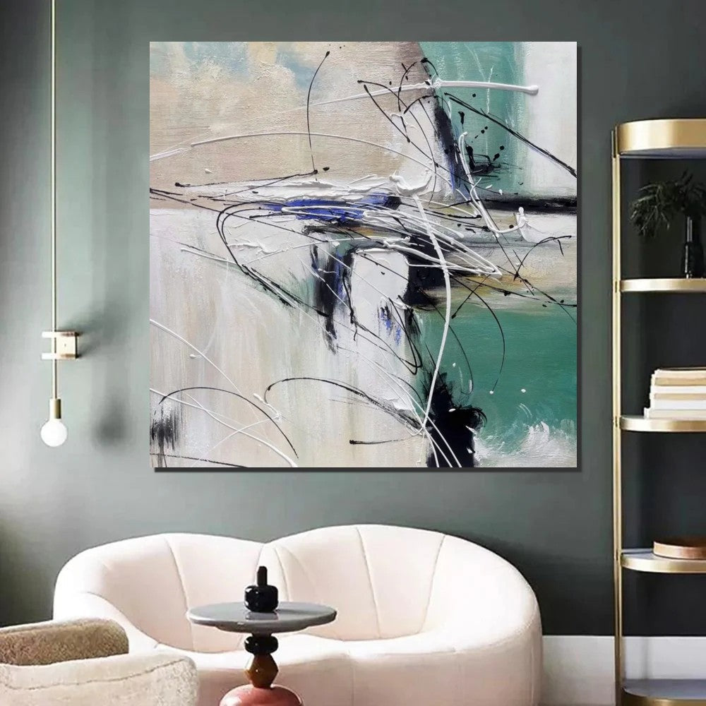 Abstract Acrylic Paintings For Living Room Oversized, Blue Teal Mustard Yellow, Large Bold Contemporary, Colorful Modern Canvas, Statement Sofa Back Art, Texture Knife