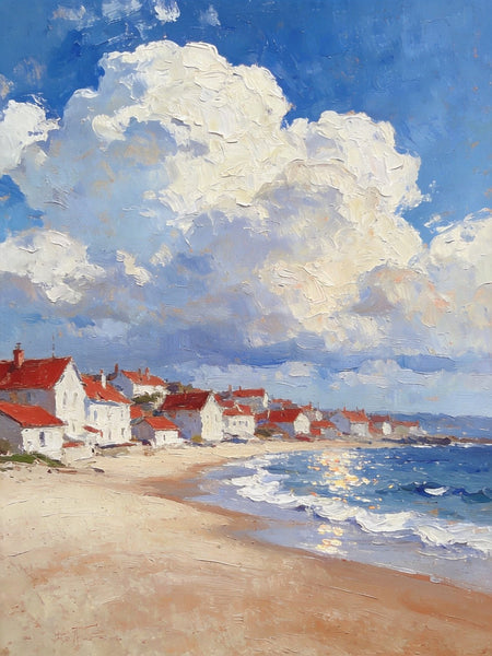 Landscape Oil Paintings, Sandy Seaside Village, Canvas Paintings for Living Room, Small Original Paintings, Hand Painted Canvas Art-Silvia Home Craft