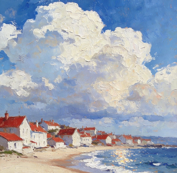 Landscape Oil Paintings, Sandy Seaside Village, Canvas Paintings for Living Room, Small Original Paintings, Hand Painted Canvas Art-Silvia Home Craft