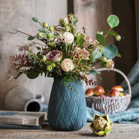 Eucalyptus leaves, Rose, Ranunculus Asiaticus Flowers, Beautiful Modern Flower Arrangement for Living Room, Ctreative Artificial Floral for Home Decoration-Silvia Home Craft