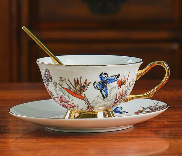 British Traditional Afternoon Tea Cup and Saucer Set, Ceramic Coffee Cups in Gift Box, Butterfly Pattern Porcelain Tea Cup and Saucer Set-Silvia Home Craft