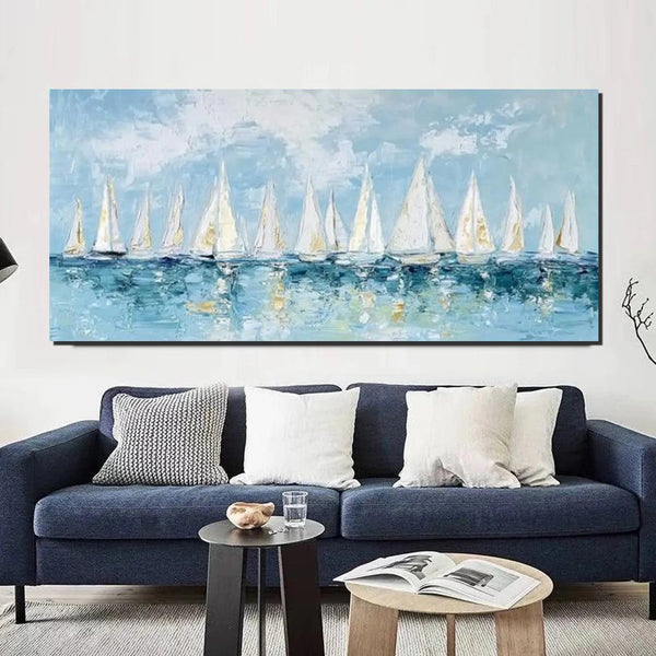 Large Wall Art Ideas for Living Room, Paintings for Living Room, Acrylic Painting on Canvas, Modern Paintings for Bedroom, Sail Boat Painting, Original Canvas Art-Silvia Home Craft