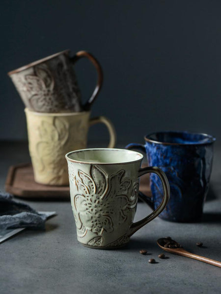 Green Ceramic Coffee Mug, Birthday Gifts, Stoneware Coffee Mugs, Handmade Pottery Coffee Mug, Large Capacity Coffee Cups-Silvia Home Craft