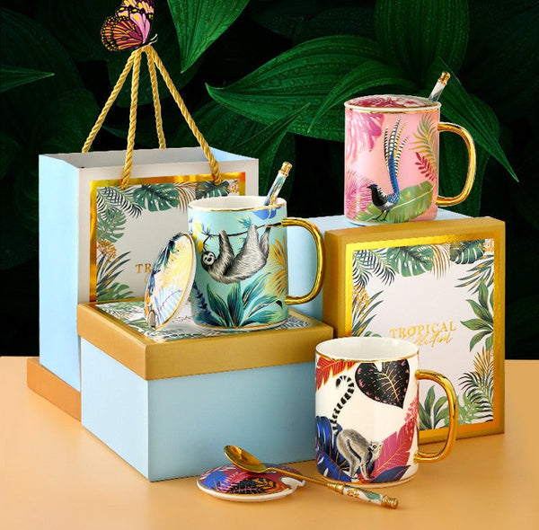 Peacock Porcelain Cups, Large Capacity Jungle Animal Porcelain Mugs, Unique Ceramic Mugs in Gift Box, Creative Ceramic Mugs for Office-Silvia Home Craft