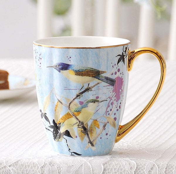 Large Creative Porcelain Mug, Elegant Blue Ceramic Coffee Mug, Beautiful Bird Flower Ceramic Mug, Large Capacity Ceramic Mugs for Office-Silvia Home Craft