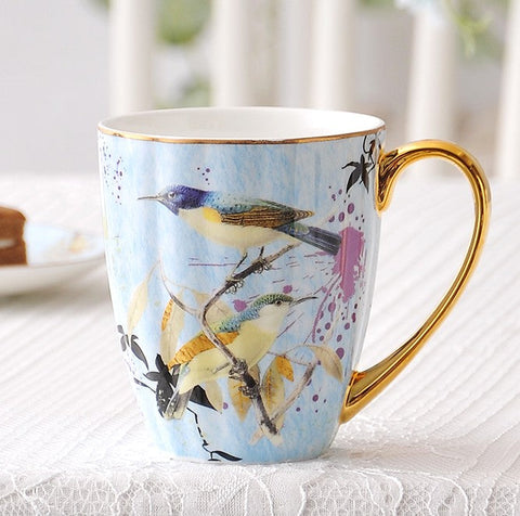 Large Creative Bone China Porcelain Mug, Elegant Blue Ceramic Coffee Mug, Beautiful Bird Flower Ceramic Mug, Large Capacity Ceramic Mugs for Office-Silvia Home Craft