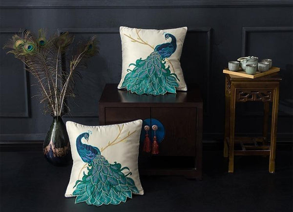 Beautiful Decorative Throw Pillows, Embroider Peacock Cotton and linen Pillow Cover, Decorative Sofa Pillows, Decorative Pillows for Couch-Silvia Home Craft