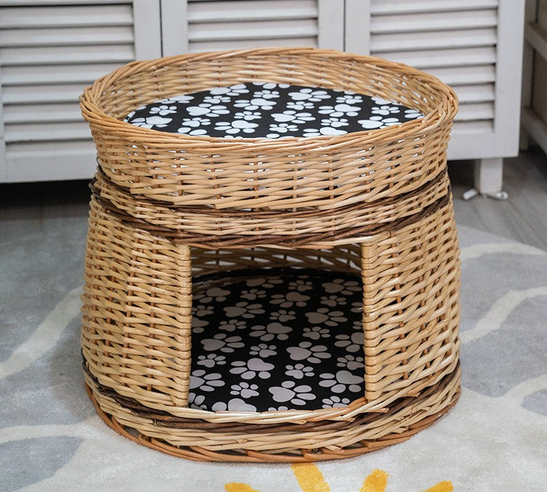 Large Double-Layer Cat Bed, Wicker Cat House Basket with Washable Cushion for Indoor Cats and Dogs-Silvia Home Craft