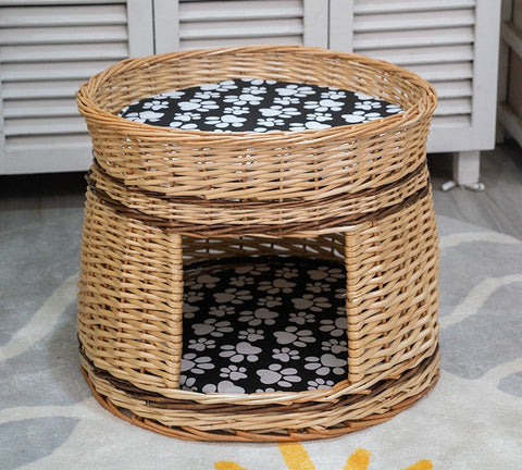 Large Double-Layer Cat Bed, Wicker Cat House Basket with Washable Cushion for Indoor Cats and Dogs-Silvia Home Craft