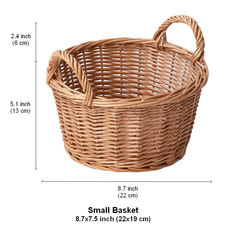 Large Picnic Fruit Basket with Handle, Natural Hand-woven Wicker Round Storage Basket, Lovely Willow Weaving Baskets for Vegetable, Natural Fruit Storage Basket, Kitchen Storage Baskets-Silvia Home Craft