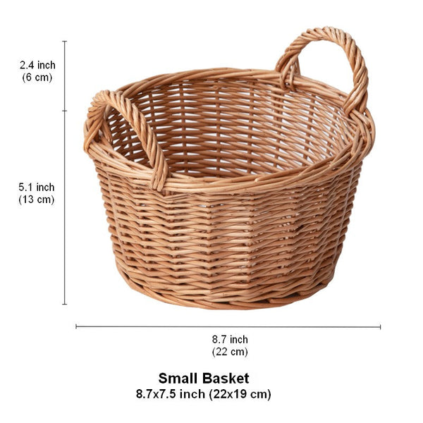 Large Picnic Fruit Basket with Handle, Natural Hand-woven Wicker Round Storage Basket, Lovely Willow Weaving Baskets for Vegetable, Natural Fruit Storage Basket, Kitchen Storage Baskets-Silvia Home Craft