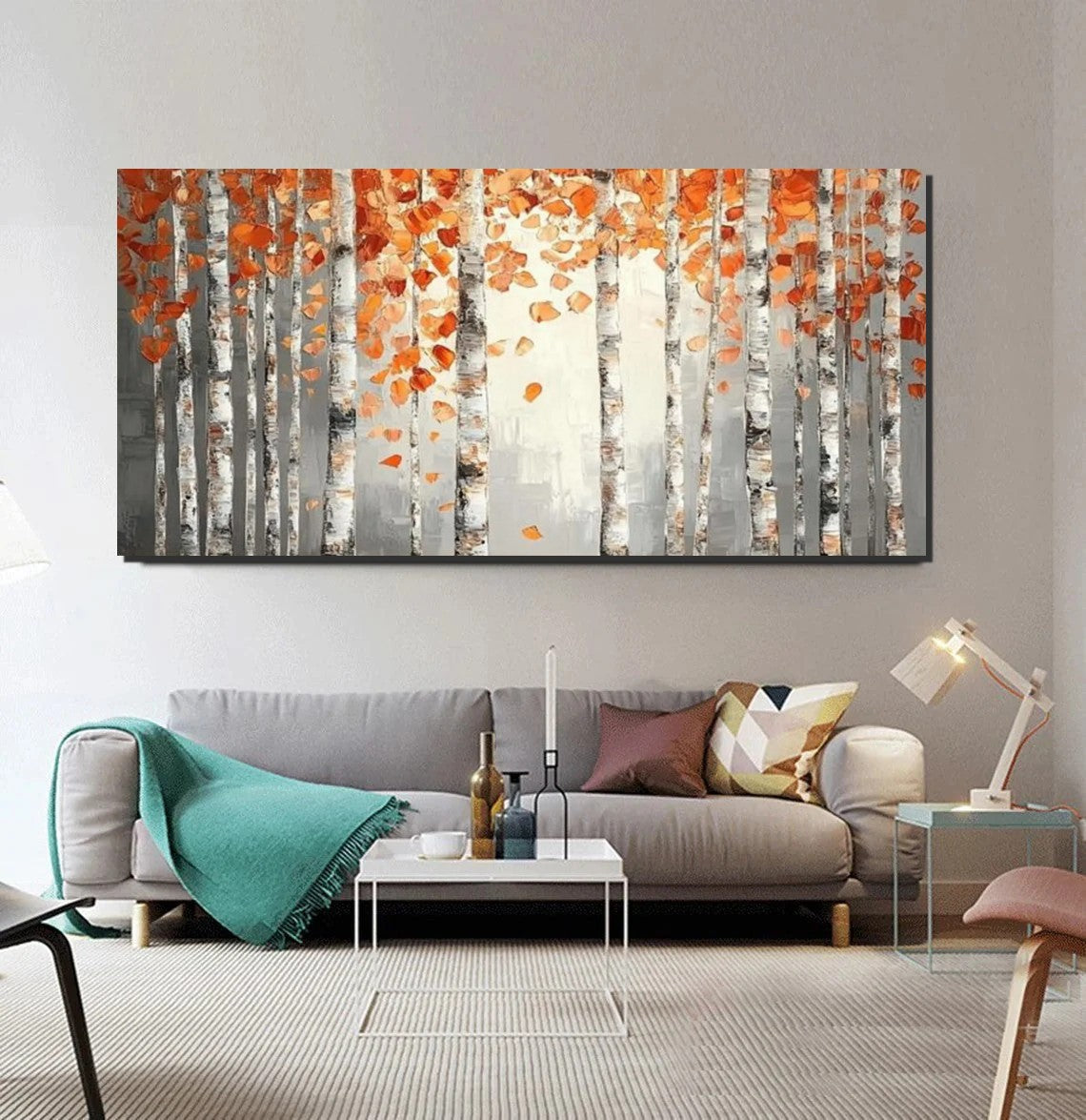 Large Wall Art for Bedroom, Modern Paintings for Living Room, Acrylic Painting on Canvas, Palette Knife Canvas Art, Autumn Birch Tree Painting, Original Canvas Art-Silvia Home Craft