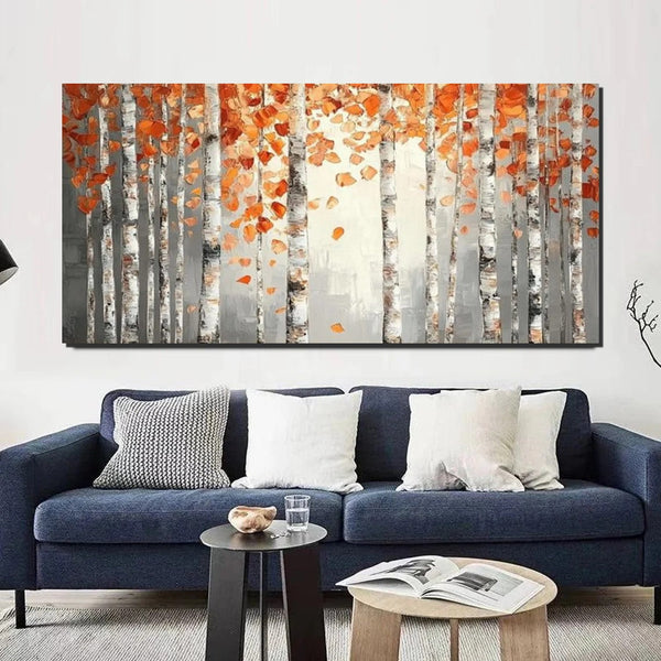 Large Wall Art for Bedroom, Modern Paintings for Living Room, Acrylic Painting on Canvas, Palette Knife Canvas Art, Autumn Birch Tree Painting, Original Canvas Art-Silvia Home Craft