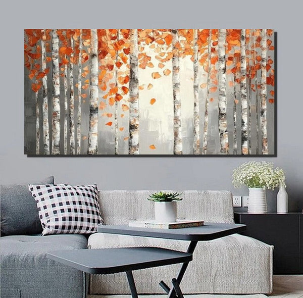 Large Wall Art for Bedroom, Modern Paintings for Living Room, Acrylic Painting on Canvas, Palette Knife Canvas Art, Autumn Birch Tree Painting, Original Canvas Art-Silvia Home Craft