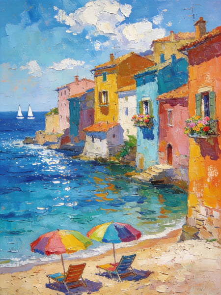 Buy Original Paintings, Seashore Town Harmony, Summer Resort, Original Landscape Art, Hand Painted Canvas Art, Small Paintings On Canvas, Heavy Texture Wall Art Paintings-Silvia Home Craft