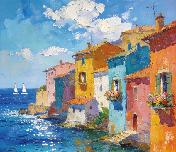 Buy Original Paintings, Seashore Town Harmony, Summer Resort, Original Landscape Art, Hand Painted Canvas Art, Small Paintings On Canvas, Heavy Texture Wall Art Paintings-Silvia Home Craft