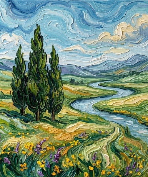 Original Oil Paintings, Cypress Riverside Under Swirling Clouds, Original Landscape Paintings, Impasto Heavy Texture Artwork