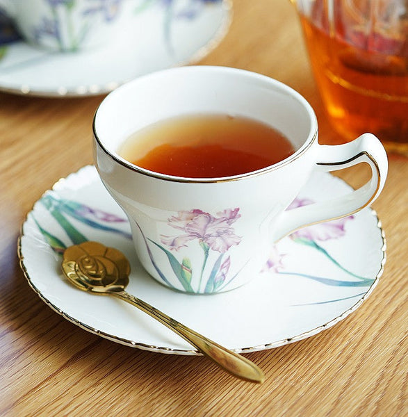 Iris Flower British Tea Cups, Beautiful Porcelain Tea Cup Sucer Set, Traditional English Tea Cups and Saucers, Unique Ceramic Coffee Cups in Gift Box-Silvia Home Craft