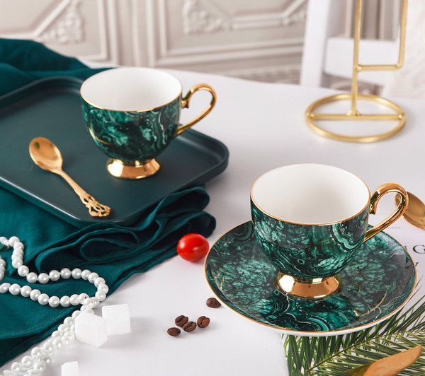 Beautiful British Green Tea Cups, Unique Porcelain Cup and Saucer, Royal Ceramic Coffee Cups, Creative Bone China Porcelain Tea Cup Set-Silvia Home Craft