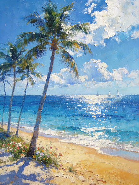 Heavy Texture Wall Art Paintings, Tropical Coastal Bliss, Beach Palm Tree Paintings, Hand Painted Canvas Art, Buy Paintings Online, Original Landscape Art, Small Paintings On Canvas-Silvia Home Craft