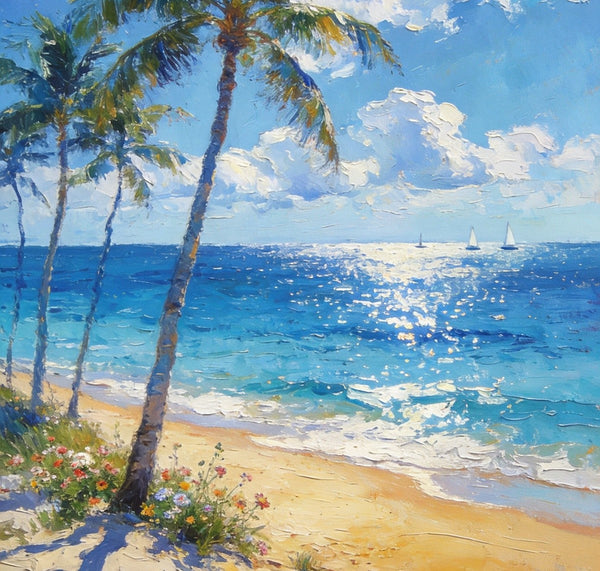 Heavy Texture Wall Art Paintings, Tropical Coastal Bliss, Beach Palm Tree Paintings, Hand Painted Canvas Art, Buy Paintings Online, Original Landscape Art, Small Paintings On Canvas-Silvia Home Craft