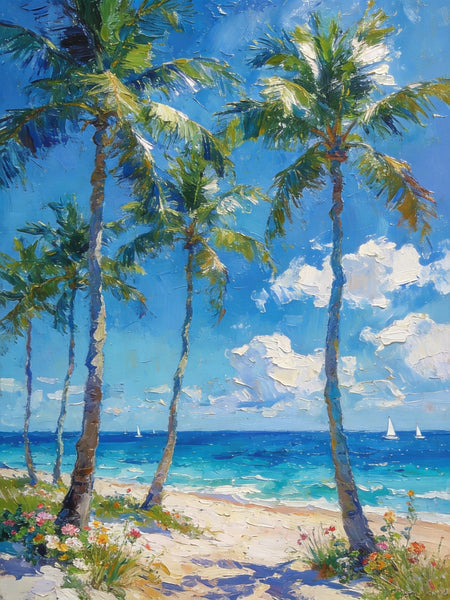 Beachside Haven, Palm Tree Seashore Paintings, Original Landscape Paintings, Canvas Paintings for Dining Room, Heavy Texture Artwork, Small Oil Paintings, Hand Painted Canvas Art-Silvia Home Craft