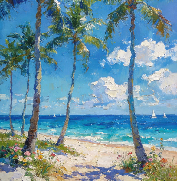 Beachside Haven, Palm Tree Seashore Paintings, Original Landscape Paintings, Canvas Paintings for Dining Room, Heavy Texture Artwork, Small Oil Paintings, Hand Painted Canvas Art-Silvia Home Craft