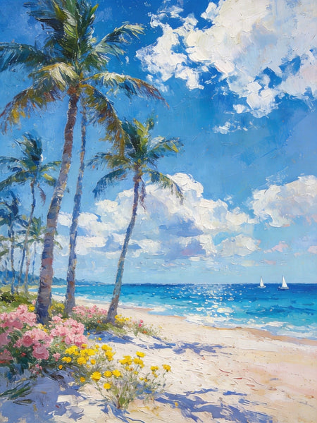 Original Landscape Paintings, Palm Fringed Beach, Summer Resort, Beach Paintings, Small Oil Paintings, Hand Painted Canvas Art, Buy Paintings Online, Canvas Paintings for Bedroom-Silvia Home Craft
