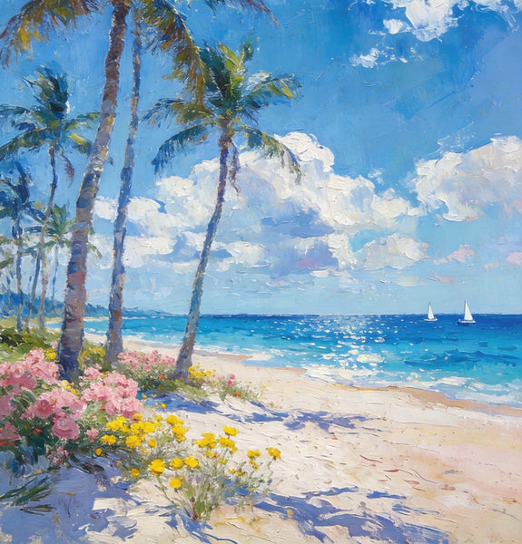 Original Landscape Paintings, Palm Fringed Beach, Summer Resort, Beach Paintings, Small Oil Paintings, Hand Painted Canvas Art, Buy Paintings Online, Canvas Paintings for Bedroom-Silvia Home Craft