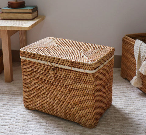 Oversized Storage Baskets for Bedroom, Rectangular Woven Storage Baskets for Clothes, Large Rectangular Storage Basket with Lid, Rattan Storage Case-Silvia Home Craft