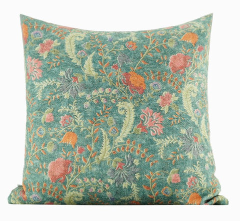 Garden Flowers Pattern Decorative Throw Pillows, Large Green Throw Pillow for Interior Design, Geomeric Contemporary Square Modern Throw Pillows for Couch-Silvia Home Craft