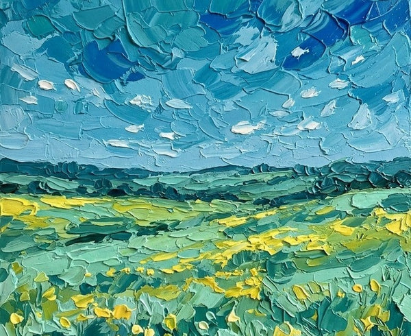 Heavy Texture Paintings, Blue Sky and Wildflower Meadow, Original Oil Paintings, Miniature Canvas Art, Original Oil Painting for Sale