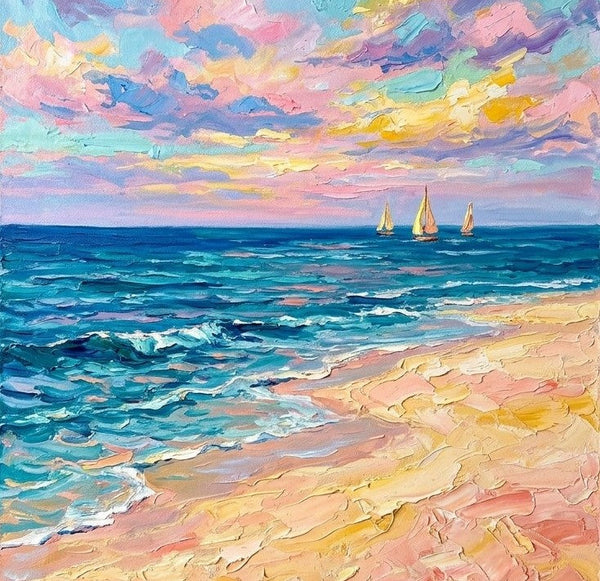 Sail Boat Seashore Painting, Impasto Dreamy Coastal Dusk, Small Canvas Artwork for Sale, Original Seascape Paintings, Original Oil Paintings