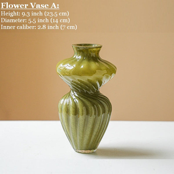 Handmade Contemporary Glass Vases, Modern Green Vases for Living Room, Mid Century Vases for Flowers, Unique Decorative Glass Vase, Centerpiece Vases on Table-Silvia Home Craft