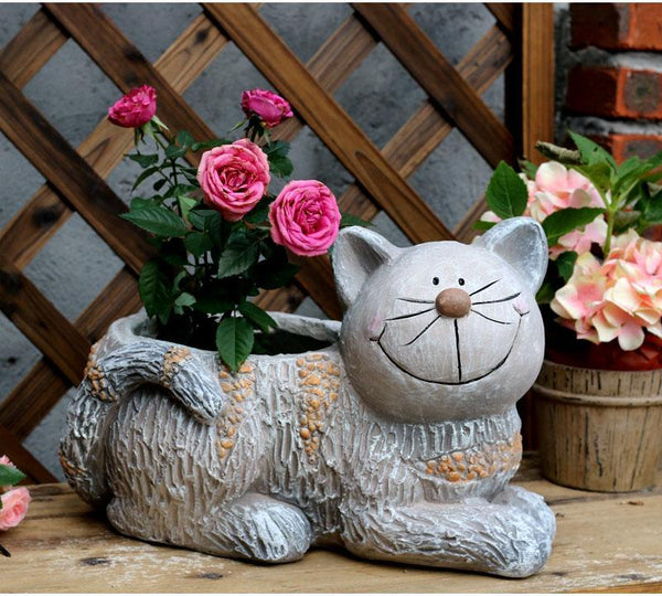 Large Cat Statue, Sitting Cat Flower Pot Statue, Pet Statue for Garden Courtyard Ornaments, Villa Outdoor Decor Gardening Ideas-Silvia Home Craft
