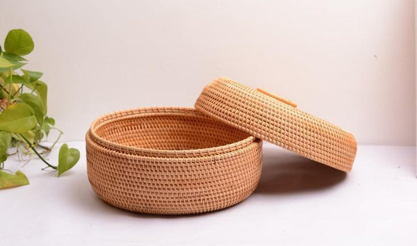 Rattan Basket, Storage Basket with Lid, Woven Basket for Kitchen, Storage Basket for Dining Room, Round Storage Basket-Silvia Home Craft