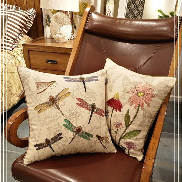 Dragonfly and Flower Cotton and linen Pillow Cover, Embroider Decorative Throw Pillow, Decorative Pillows for Car, Flower Decorative Pillows-Silvia Home Craft