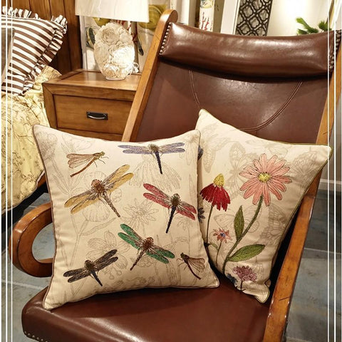 Dragonfly and Flower Cotton and linen Pillow Cover, Embroider Decorative Throw Pillow, Decorative Pillows for Car, Flower Decorative Pillows-Silvia Home Craft