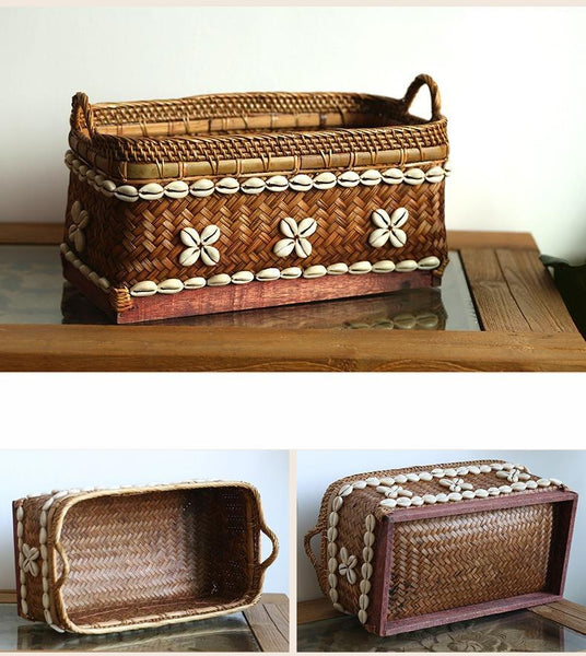 Indonesia Hand Woven Storage Basket, Natural Bamboo and Sea Shell Baskets-Silvia Home Craft