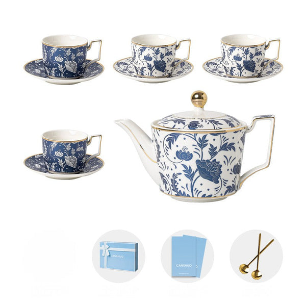 Unique British Traditional Afternoon Tea Cup Set with Teapot, 8 oz Ceramic Coffee Cup with Saucer Set of 4 cups in Gift Box, Blue Porcelain Tea Cup and Saucer Set-Silvia Home Craft