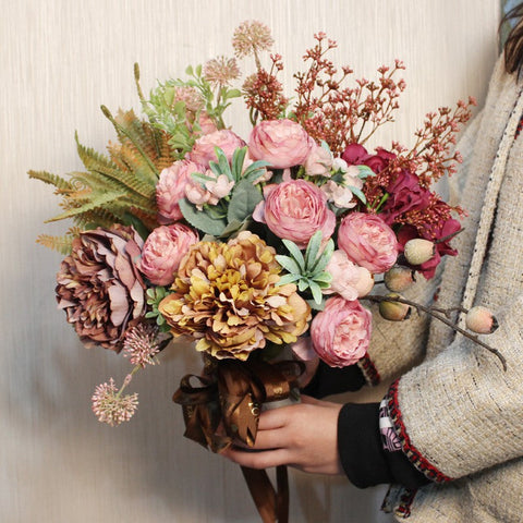 Beautiful Artificial Floral Arrangement for Bedroom, Large Bunch of Peony Flowers Arrangement, Real Touch Faux Silk Floral Bouquet Table Centerpiece-Silvia Home Craft