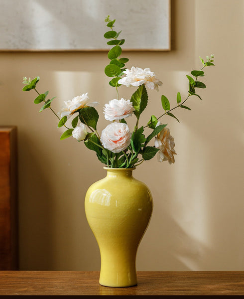 Porcelain Flower Vases, Handmade Water Holding Flower Vase, Yellow Flower Vases on Table, Ceramic Bud Vases-Silvia Home Craft