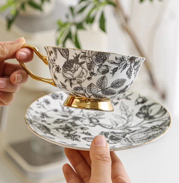 Elegant Flower Ceramic Cups, Unique Royal Coffee Cup and Saucer, Creative Porcelain Tea Cup Saucer Set, Beautiful British Tea Cups-Silvia Home Craft