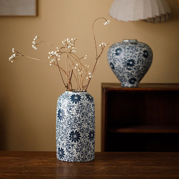 Centerpiece on Dining Table, Large Blue Flower Vase on Table, Vintage Bouquet Flower Vases, Handmade Porcelain Flower Vases Urn, Water Holding Flower Vases-Silvia Home Craft