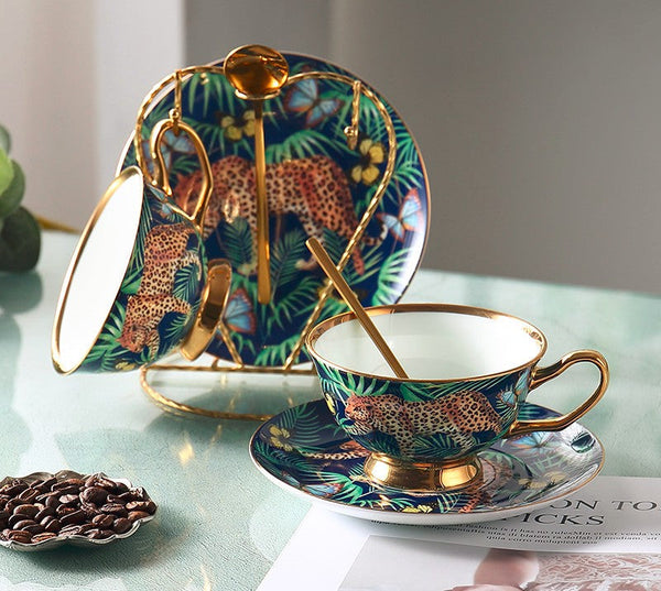 Creative Leopard Ceramic Coffee Cups, 6.8 oz Tea Cup and Saucer in Gift Box as Birthday Gift, Beautiful British Tea Cups, Creative Porcelain Tea Cup Set-Silvia Home Craft