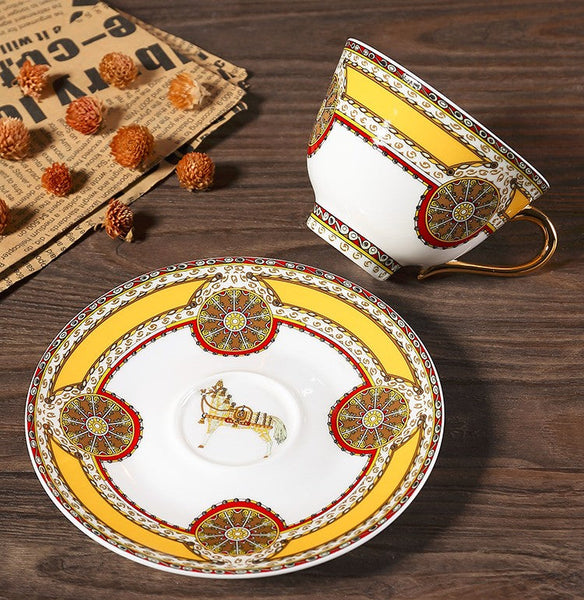 Handmade Beautiful British Tea Cups, Creative Porcelain Tea Cup Saucer Set, Yellow Royal Ceramic Coffee Cups, 6.8 oz Tea Cup and Saucer-Silvia Home Craft