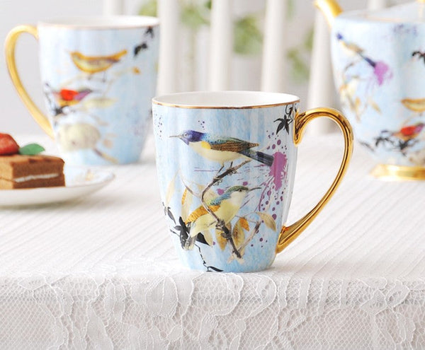 Large Creative Porcelain Mug, Elegant Blue Ceramic Coffee Mug, Beautiful Bird Flower Ceramic Mug, Large Capacity Ceramic Mugs for Office-Silvia Home Craft