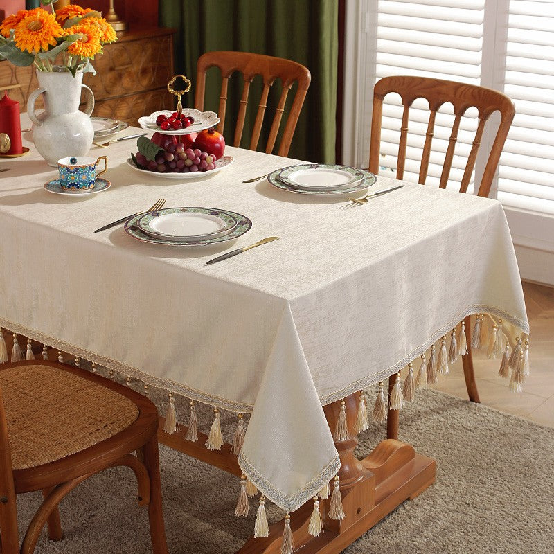Modern Rectangle Tablecloth for Kitchen, Beige Fringes Tablecloth for Home Decoration, Square Tablecloth for Round Table, Large Simple Table Cloth for Dining Room Table-Silvia Home Craft