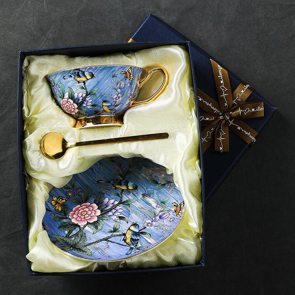 Blue Bird and Butterfly Porcelain Tea Cup Saucer Set, 7.4 oz British Tea Cup and Saucer in Gift Box, Elegant British Ceramic Coffee Cups-Silvia Home Craft